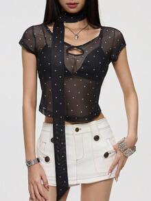 INAWLY Black And White Polka Dot Mesh Puff Sleeve Crop Top With Neck Tie,Cutout Design, Sheer Blouse,Summer,Chic Sexy,Club Night,Party,Date,Flattering Fit - Black - View 4