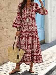 Breezaya Women's Casual Boho Printed Long Dress, Autumn Vacation Burgundy - Burgundy - View 6