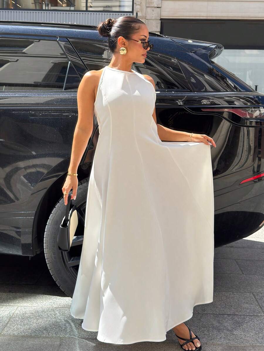 NegzBox Elegant Round Neck Sleeveless Oblique Shoulder Cinched Waist Exaggerated Pleated Ruffle Maxi A-Line Dress For Office Commute Party - White - View 1