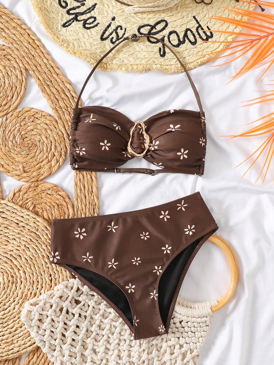 SHEIN Tween Girl Solid Blue Metallic Jewelry Bikini Set, Summer Boho Cute Flowy Beach Vacation Vacation Holiday Strapless Tie Bathing Suit Two Pieces Tween Girl - Brown - View 1