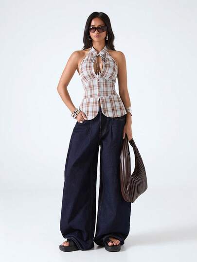 LYSMO Top halter sin espalda con lazo de cuadros para mujer