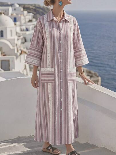 Al Najma Women's Vacation Casual Striped Front Button Arabic Style Dress