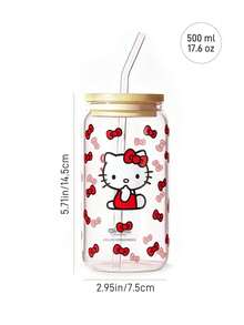 HELLO KITTY AND FRIENDS | SHEIN 1個 Kitty 500ml/16.91oz 高硼矽玻璃隨行杯，附吸管與吸管刷，雙面印花紅色蝴蝶結可愛卡通冰咖啡杯，大容量水杯，適合居家、旅行與送禮 - 無色 - 查看 5