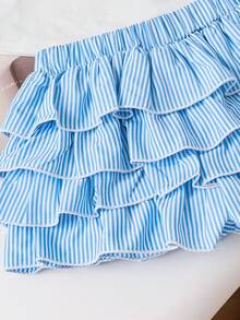 Emery Rose Kids Emery Rose Kids 两件套女童针织纯色圆领荷叶边蝴蝶结休闲T恤和梭织条纹荷叶边短裤套装 - 藍白色 - 查看 3
