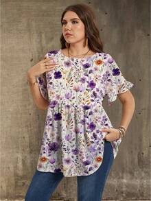 Mellowie Plus Size Women Round Neck Ruffle Trim Short Sleeve Blouse, Summer New Arrival Blouse Spring Outfits For Women Dresses Tunic Tops For Women - White - View 4