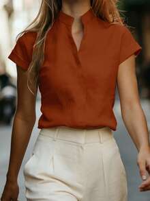 EMERY ROSE Women's Short Sleeve Stand Collar Linen-Like Shirt, Versatile And Slimming - Rust Brown - View 5