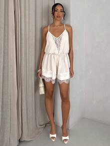 Glamine Bộ jumpsuit không tay cổ chữ V viền ren thời trang, gợi cảm, phù hợp cho dạo phố, nghỉ mát, du lịch, công tác, hẹn hò, dự tiệc, đi biển, mặc thường ngày. - Màu be - Xem 5