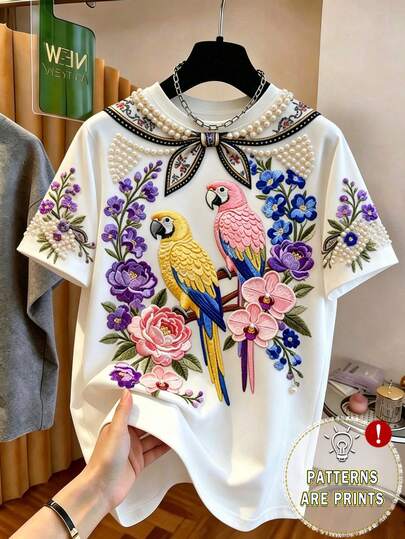 Franclia Women's Fashionable Versatile Floral Print Round Neck Short Sleeve T-Shirt