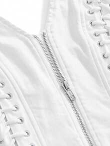 ROMWE Grunge Punk Women's Denim Crop Top, Vintage Sexy Rock Style Halter Neck Zipper Strap, Suitable For Music Festivals And Street Wear, Spring/Summer Night White - White - View 4