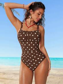 Swim Mod Women's Polka Dot Print One-Piece Swimsuit, Suitable For Beach & Vacation - Coffee Brown - View 5
