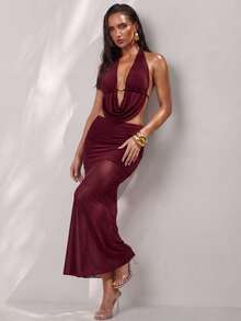 Swim Glamine 2 Pieces Sets Red Brown Color Halter Neck Sexy V Neck Backless Sleeveless Maxi Skirtt Set, Autumn And Winter Clothing, Backless Top Sets Summer - Redwood - View 6
