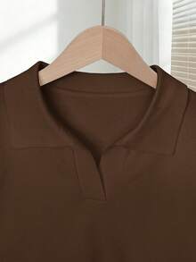 Franclia Blusa de punto ajustada de manga corta, cuello vuelto, unicolor, casual y sencilla para mujer, tallas grandes, para primavera/verano - Marrón - Ver 3