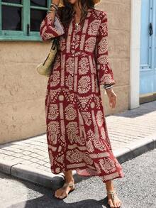 Breezaya Women's Casual Boho Printed Long Dress, Autumn Vacation Burgundy - Burgundy - View 4