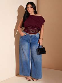 SHEIN BAE Plus Size Women's Spring/Summer Black Knit Lace Patchwork Asymmetric Off-Shoulder Exposed Shoulder Blouse, Sexy Vacation Top - Burgundy - View 3