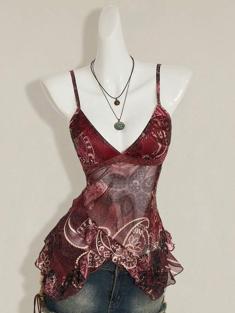 SHEIN ICON Áo hai dây bèo nhún in họa tiết hoa điều, thích hợp cho kỳ nghỉ lễ Quốc khánh 4 tháng 7, trang phục mùa hè dễ thương, áo đi chơi. - Màu Đỏ Sâu - Xem 1
