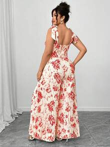 Elenzga Bộ jumpsuit xếp ly in họa tiết dành cho nữ cỡ lớn, thanh lịch và co giãn, thiết kế vạt chéo ngực, eo thắt, dây buộc hình bướm, phù hợp cho kỳ nghỉ hè, tiệc trà chiều, đi chơi, đi làm, đa năng. - Nhiều màu - Xem 2