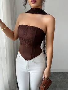 Elenzga Áo kiểu cúp ngực ren phối họa tiết gợi cảm, thích hợp cho tiệc tốt nghiệp, kỳ nghỉ, hẹn hò, đi biển, hoạt động ngoài trời, sinh nhật, màu nâu, áo nữ thanh lịch, áo ren sang trọng, trang phục dự đám cưới, trang phục đi nghỉ mát. - màu nâu - Xem 1