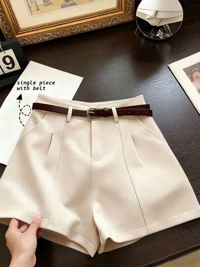 SHEIN PETITE Französischer minimalistischer Mode Gewebe einfarbig Pendler Lässig, kurze Länge, Petite, Retro, hohe Taille A-Linie weites Bein elegante Damen Shorts, Sommer Damen Shorts, Sommer Outfit, Strand Outfit, Strand Shorts, Ausflug Shorts, Damen Urlaubs Outfit, Urlaubs Shorts, Damen Lässig Shorts, Neue Damen Shorts