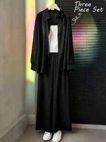 SHEIN Franclia 3件套女士休闲宽松薄纱黄色长袖衬衫、白色紧身吊带背心和黄色阔腿裤春夏套装 - 黑色 - 查看 3