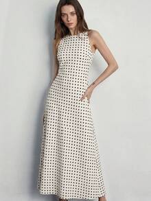 Aveloria Modichic Đầm satin chấm bi cổ tròn không tay, kiểu dáng tối giản thanh lịch, đa năng, phù hợp cho công sở và mặc hàng ngày. - Màu be - Xem 4