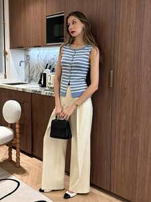 Pariaura French Style Blue And White Stripe Round Neck Knit Fitted Top,Asymmetrical Metal Buckle Hem Slit Front Rib Knit For Summer,Casual,Brunch,Vacation - Dusty Blue - View 3