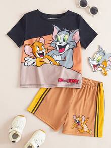 TOM & JERRY X SHEIN Young Boy Casual Letter & Cartoon Print Short Sleeve T-Shirt And Shorts Set - Black - View 3