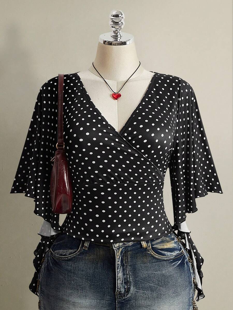 SHEIN ICON 大码女式波点V领休闲百搭日常T恤 - 彩色 - 查看 1