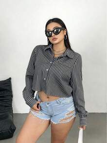 POPSWAY Camisa corta a rayas azules de estilo universitario coreano para mujeres - Blanco y Negro - Ver 5