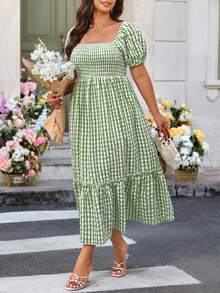 SHEIN LUNE CURVE Đầm nữ cỡ lớn thanh lịch, thoải mái, cổ vuông, kẻ caro xanh lá cây, tay cánh hoa, kiểu dáng công sở, thắt eo, thích hợp cho mùa xuân/hè. - màu xanh lá - Xem 4