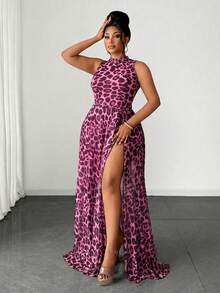 Maweii Đầm lưới xuyên thấu họa tiết da báo gợi cảm dành cho nữ cỡ lớn, xẻ cao, không tay, thích hợp cho tiệc tùng. - Nhiều màu - Xem 3