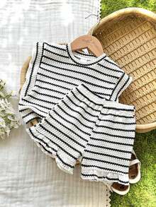 Playful Pals 2pcs/Set Baby Girl 0-3Y Spring Summer Casual Daily Vacation Textured Knit Black & White Striped Ruffle Sleeve Round Neck T-Shirt And Shorts Set - Black and White - View 4