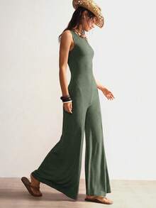 Bohemela Solid Color Knit Backless Sleeveless Wide Leg Jumpsuit For Women - Dark Green - View 5