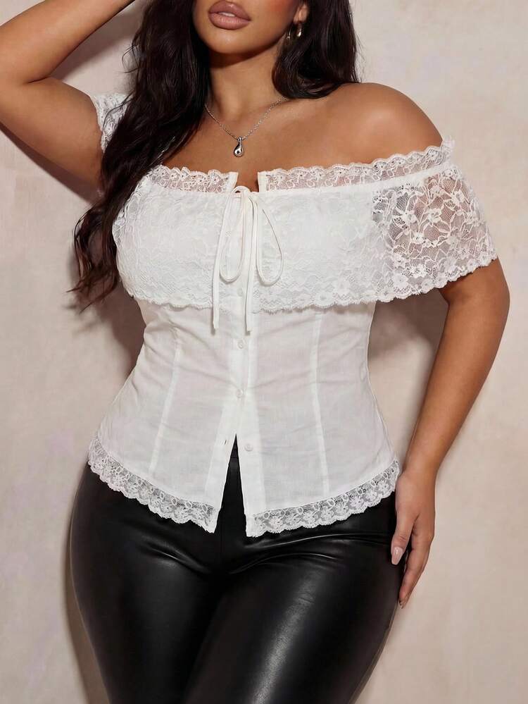 Dazy Plus Spring & Summer Fitted Cardigan, Hollow Lace Trim Splice Casual Off-Shoulder Short Sleeve Blouse For Women, Plus Size White Cropped Top