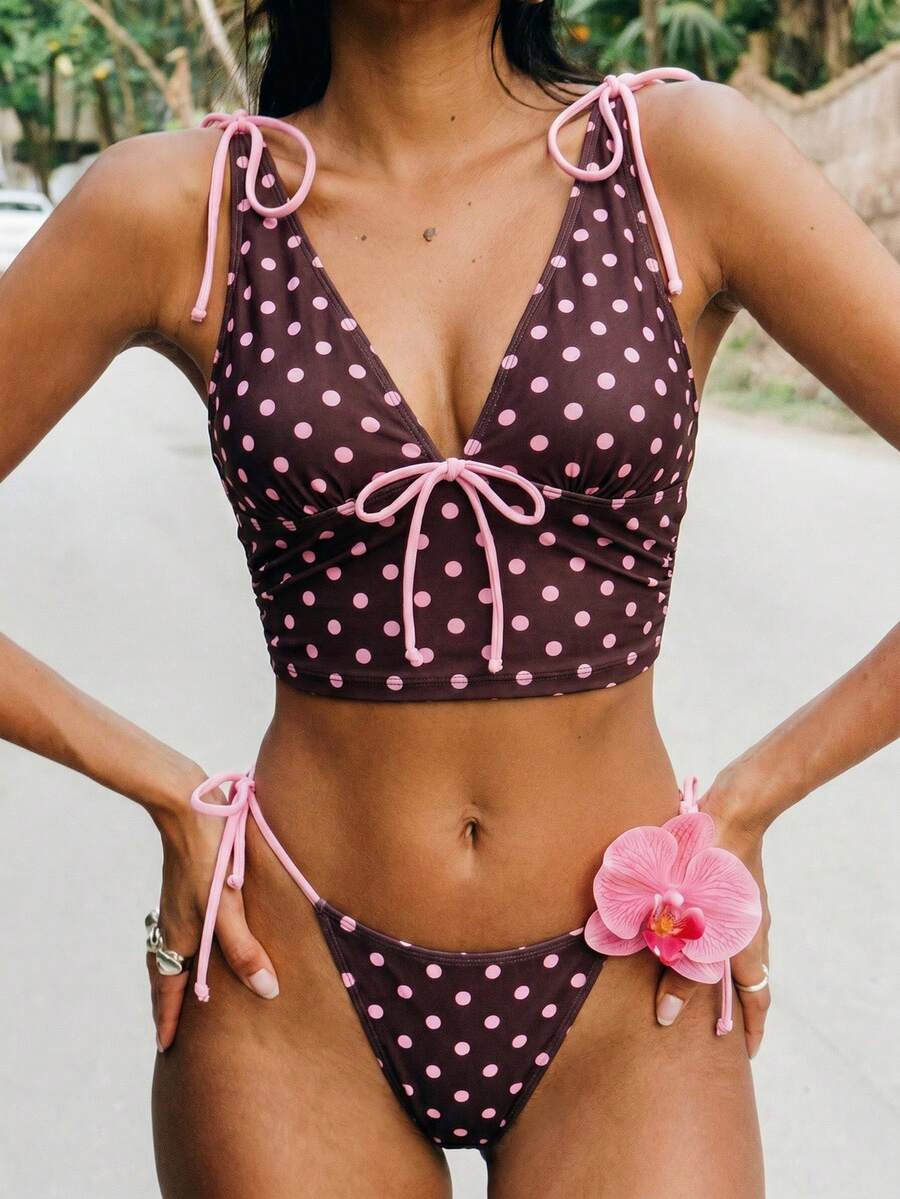 Bellisia 2pcs/Set New Arrival Spring/Summer Polka Dot Drawstring Tie Side Bikini Bottoms & Camisole Top For Women - Multicolor - View 1