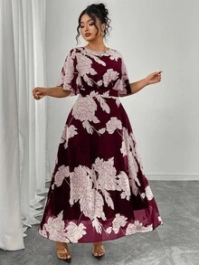 Modelyn Plus Size Women's Elegant Round Neck Ruffle Flare Sleeve Fitted Flowy Maxi Chiffon Dress, Spring/Summer - Red - View 4