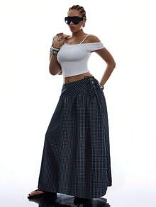 SHEIN EZwear 大码女式休闲简约风格藏蓝色格子侧系带半身裙 - 藏蓝色 - 查看 7