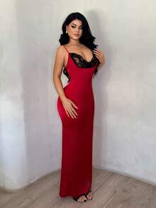 SHEIN SXY Đầm slip nữ ren phối họa tiết, thanh lịch, ôm eo, thích hợp cho tiệc tùng và đi chơi. - Đỏ - Xem 7