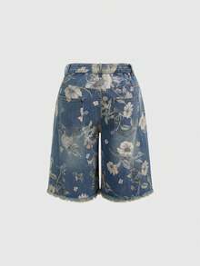 ROMWE Fairycore Quần jeans nữ ống rộng dáng suông, in họa tiết hoa cổ điển, đã qua xử lý giặt, dáng lửng. - Màu xanh lam - Xem 2