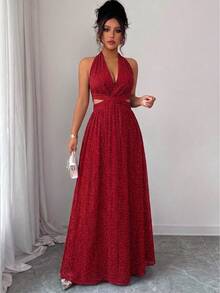 SHEIN Raffinéa Đầm nữ màu đỏ rượu vang chấm bi kiểu Pháp, thiết kế hở eo tôn dáng, thích hợp cho các bữa tiệc, hẹn hò, kỳ nghỉ. - Đỏ - Xem 3