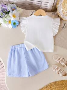 SHEIN Playful Pals 女童休闲甜美圆领短袖修身短款T恤和松紧腰短裤套装，饰有3D蝴蝶结 - 藍色 - 查看 2