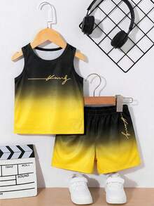 2pcs/Set Young Boy Streetwear Casual Logo Gradient Print Round Neck Tank Top & Logo Print Shorts Set, Suitable For Summer Outings - Multicolor - View 4