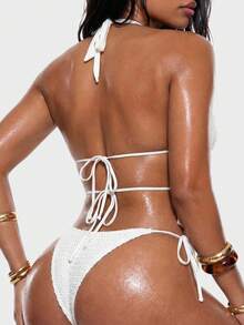 Oceva Bộ tankini cổ yếm đan móc rỗng đính hạt dành cho nữ, thích hợp cho kỳ nghỉ biển. - trắng - Xem 2