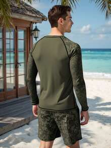 CoralVoy Conjunto de camiseta de protección solar y bañador con estampado de letras para hombre - Verde Oscuro - Ver 2
