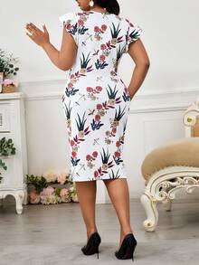 SHEIN Lady 春夏优雅通勤办公室彩色针织重叠领荷叶边荷叶边袖褶皱中长无袖大码连衣裙优雅女装高档服装 - 彩色 - 查看 2