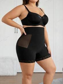 SHEIN CURVE+ 2 chiếc quần short cạp cao ôm dáng dành cho nữ cỡ lớn, chất liệu lưới phối nhiều mảnh, màu đen. - màu đen - Xem 4
