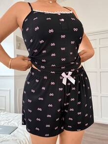 Napfluff CURVE Napfluff CURVE Plus Size Women Lace Patchwork Allover Print Camisole And Shorts Casual Loungewear Set - Black - View 6