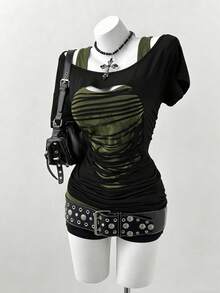 Plus Size Oblique Shoulder 2 In 1 Skull Print Contrast Color Long Sleeve T-Shirt - Multicolor - View 4