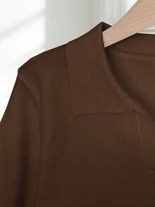 Franclia Blusa de punto ajustada de manga corta, cuello vuelto, unicolor, casual y sencilla para mujer, tallas grandes, para primavera/verano - Marrón - Ver 4