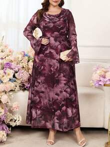 Reflora 大码女式印花休闲简约派对连衣裙 - 紅色 - 查看 5