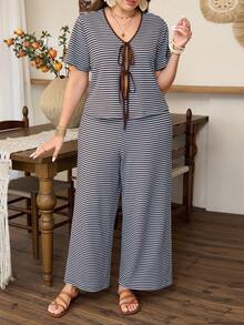 Lacomfia Women's Colorful Striped Tie-Up Short Sleeve Wide Leg Casual Pants Two Pieces Set, Versatile For Summer, Plus Size - Multicolor - View 4